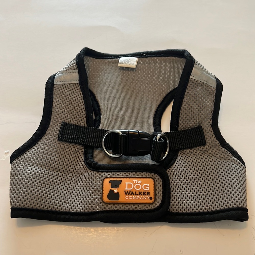 Dog walking vest/harness. Medium. Grey& black. Velcro & snap closure.